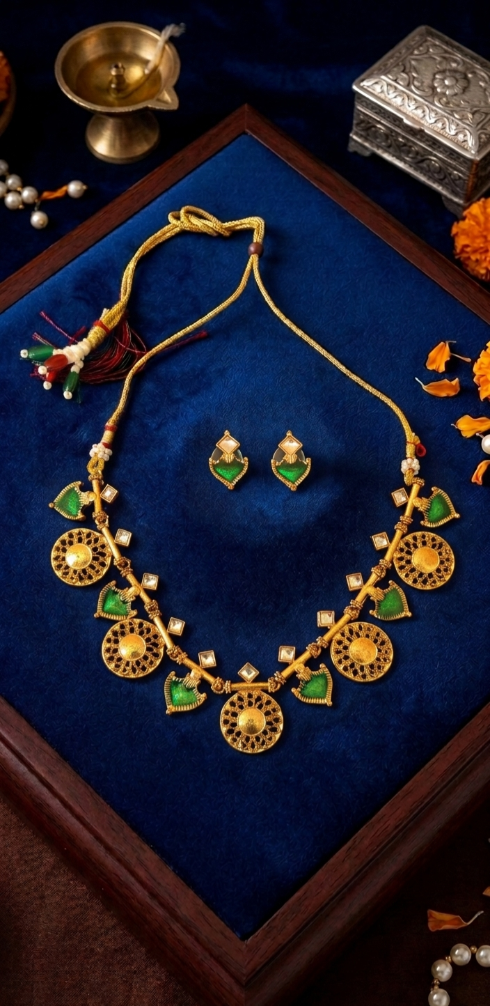 Traditional Gold Plated Green Meenakari Necklace Set with Earrings