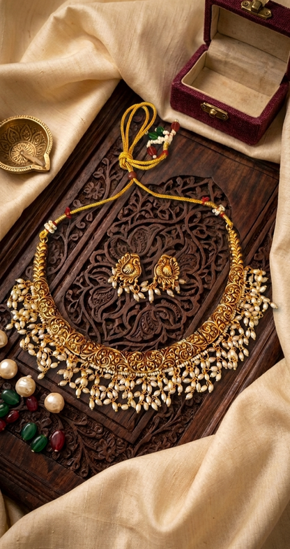 Traditional Gold Pearl Choker Necklace with Earrings