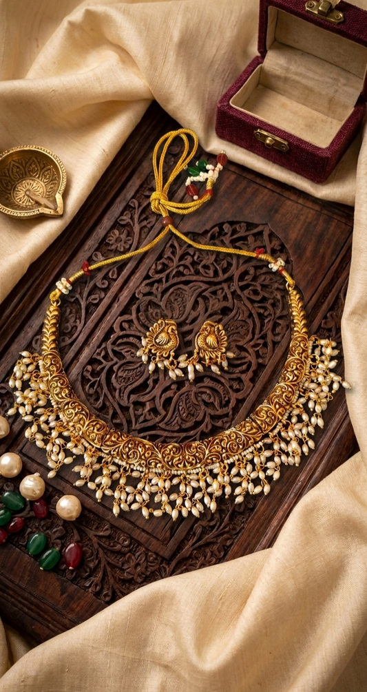Traditional Gold Pearl Choker Necklace with Earrings