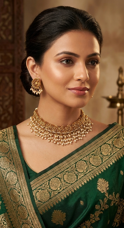 Traditional Gold Pearl Choker Necklace with Earrings