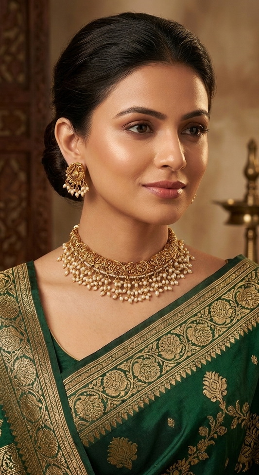 Traditional Gold Pearl Choker Necklace with Earrings