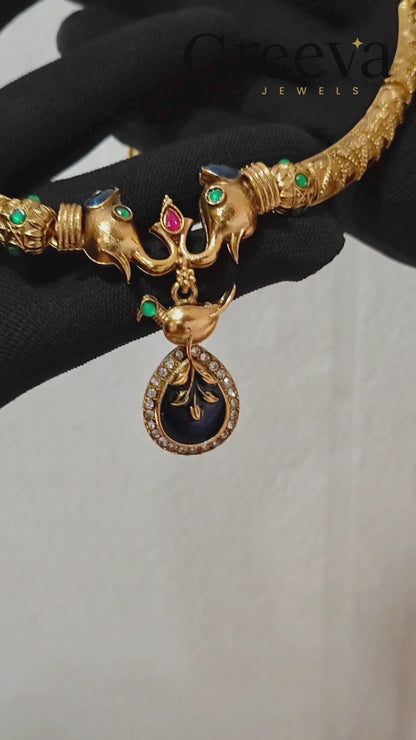 Traditional Peacock Blue Stone Temple Necklace Set for Women