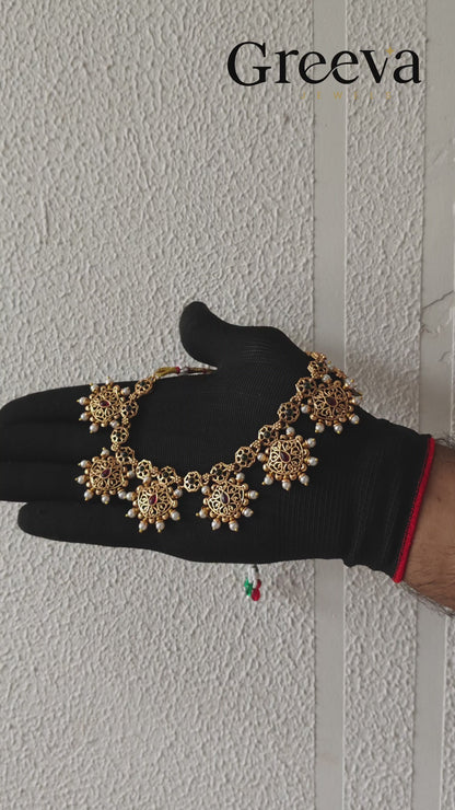 Antique Gold Plated Floral Temple Necklace Set for Women