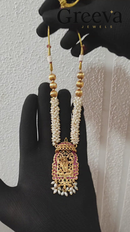 Traditional Lakshmi Pearl Temple Pendant Necklace Set for Women