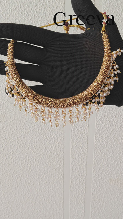 Traditional Gold Pearl Choker Necklace with Earrings