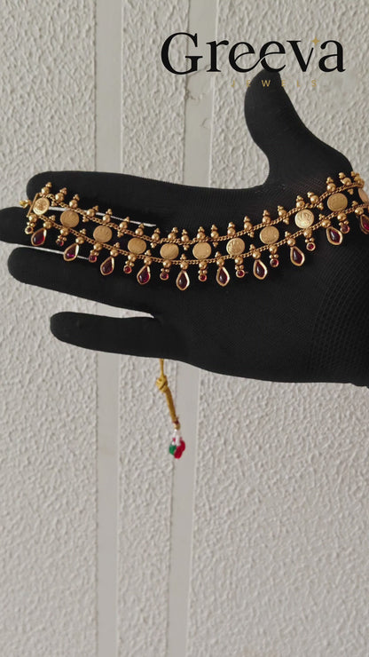 Antique Gold Plated Coin Necklace Set with Ruby Stones
