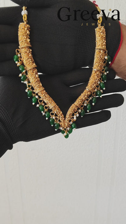 Temple Gold Plated Green Beads Necklace Set for Women