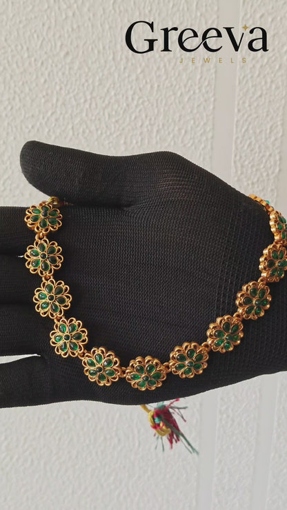 Traditional Green Floral Temple Gold Plated Necklace Set with Earrings