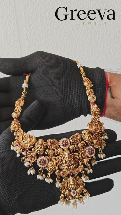 Antique Lakshmi Temple Necklace Set – Gold Finish Bridal Jewelry with Earrings