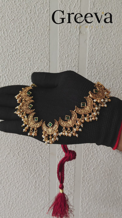Crescent Moon Temple Gold Plated Necklace Set for Women