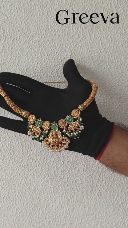 Lakshmi Temple Gold Plated Necklace Set with Green Stones