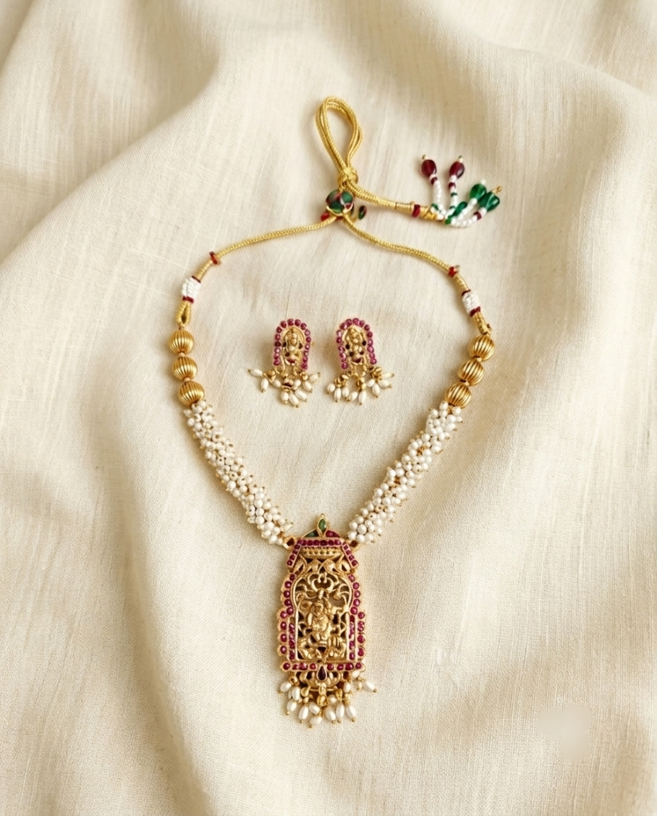 Traditional Lakshmi Pearl Temple Pendant Necklace Set for Women