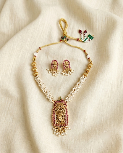 Traditional Lakshmi Pearl Temple Pendant Necklace Set for Women