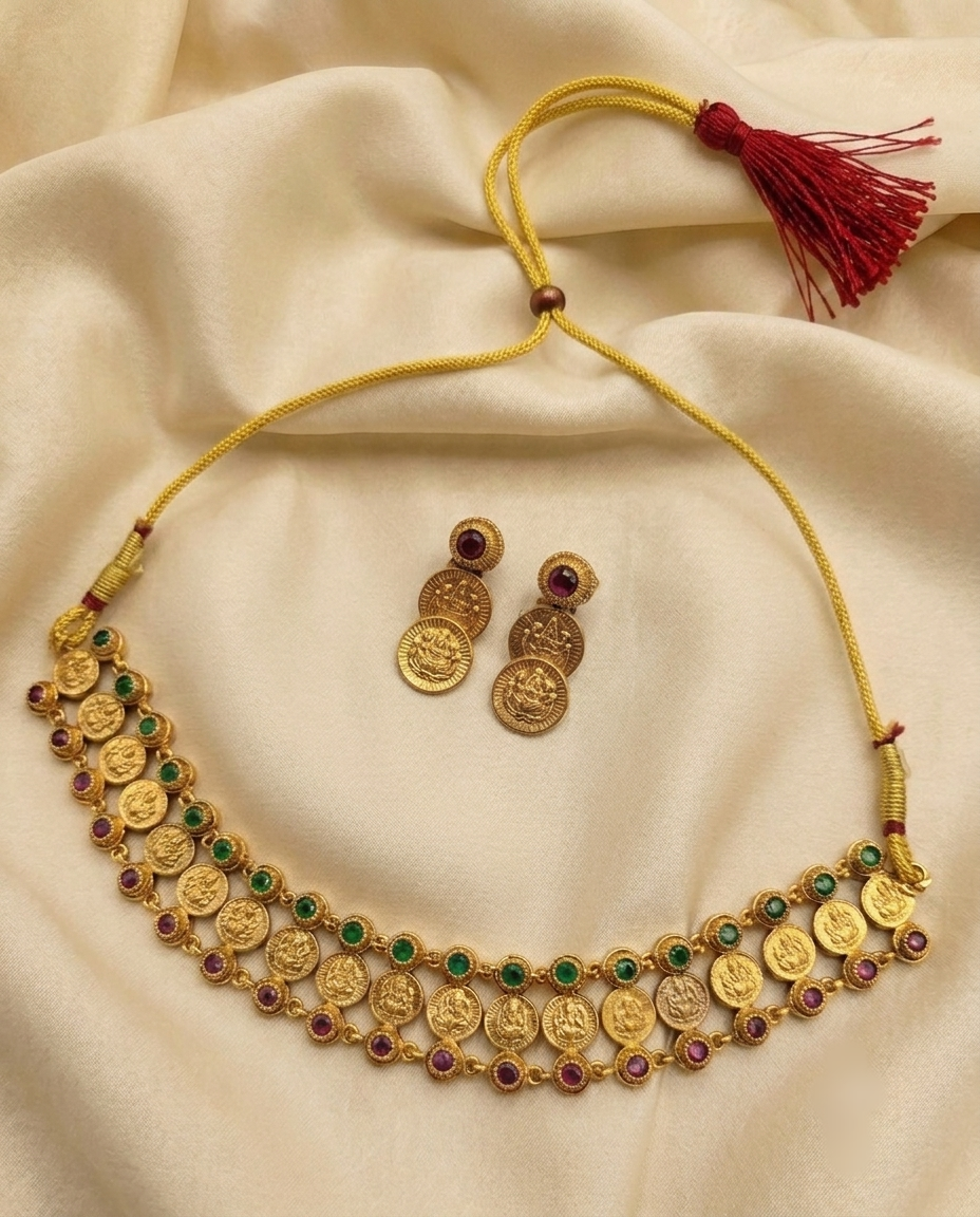 Gold Plated Lakshmi Coin Temple Necklace Set for Women