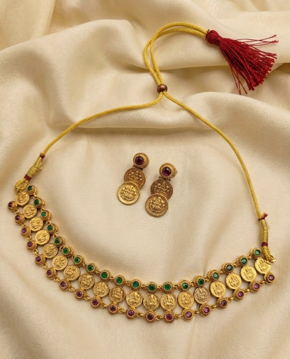Gold Plated Lakshmi Coin Temple Necklace Set for Women