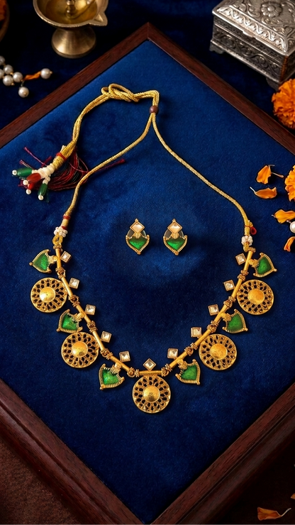 Traditional Gold Plated Green Meenakari Necklace Set with Earrings