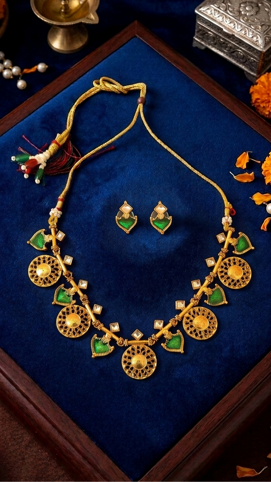 Traditional Gold Plated Green Meenakari Necklace Set with Earrings