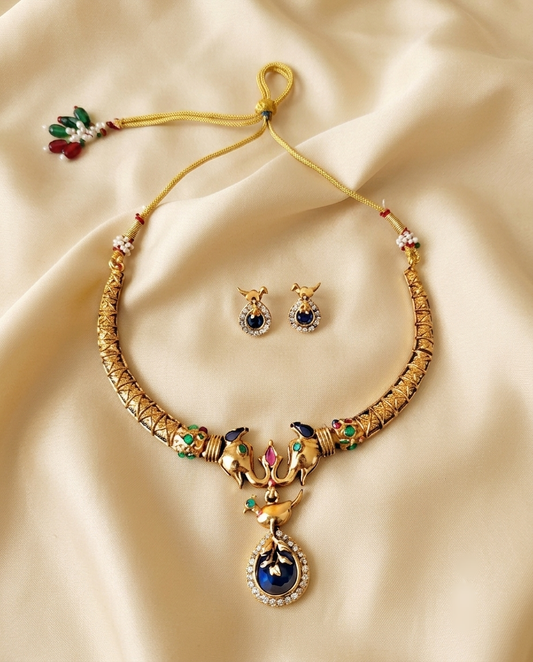 Traditional Peacock Blue Stone Temple Necklace Set for Women