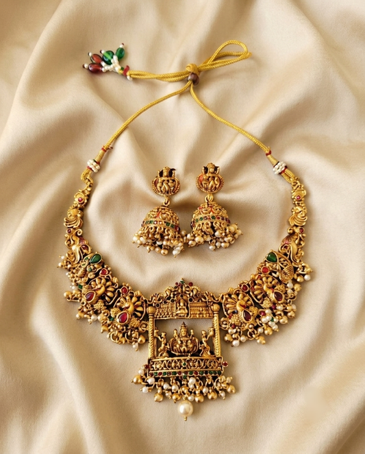 Gold Plated Lakshmi Bridal Necklace Set with Jhumkas