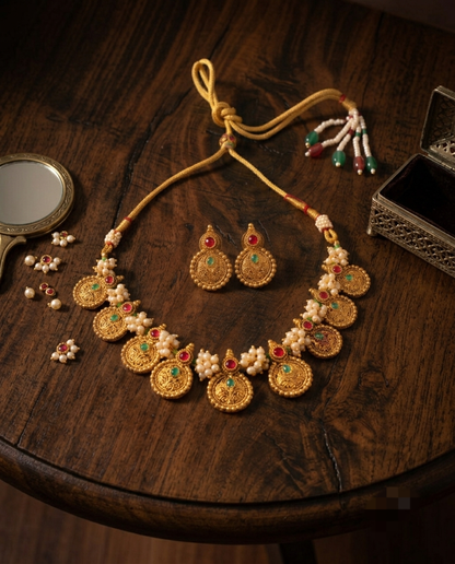 Traditional Gold Plated Coin Temple Necklace Set for Women